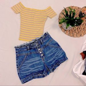 Denim high waisted paper bag shorts